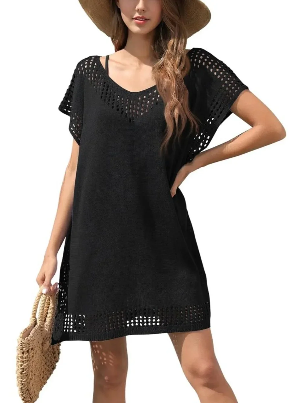 Women's Thin Black One Size Polyester Crochet Summer Swimsuit Coverup Dress